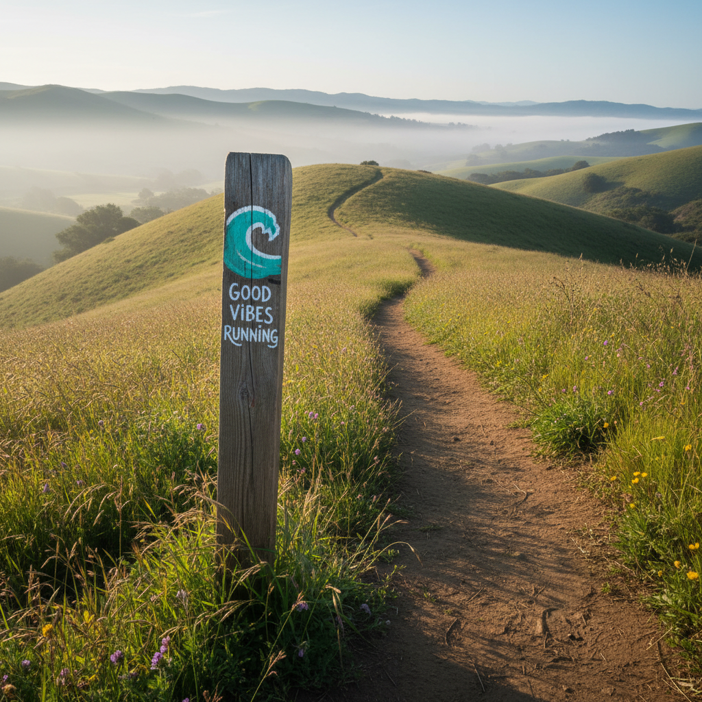 A sun-faded trail mile marker post, painted with a small stylized wave and the words “Good Vibes Running,” stands slightly off-center on a packed dirt path winding through rolling California hills. Green and amber grasses sway on either side, dotted with tiny wildflowers. The early morning light is soft and cool, with mist lingering low in the distance, gradually dissolving as the sun rises. Long, gentle shadows stretch across the path, hinting at a fresh start. Captured in photographic realism from a slightly low angle using the rule of thirds, the composition leads the viewer’s eye down the trail. The atmosphere feels calm, optimistic, and playful, inviting the viewer to imagine finding their pace amid the open landscape.