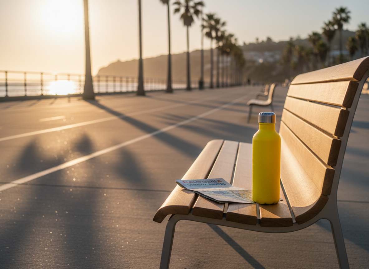 A sleek, modern wooden bench with curved metal legs sits beside a palm-lined running path along a California boardwalk. On the bench rests a bright yellow reusable water bottle beaded with condensation and a small folded map titled “California Coastal Routes.” The sun is just above the horizon, casting a warm golden glow across the polished planks of the boardwalk and creating long, whimsical shadows of palm fronds on the path. The ocean glitters in the background, slightly out of focus, with distant cliffs hinting at dramatic coastal terrain. Photographic realism, shot from an eye-level perspective with moderate depth of field, balances crisp detail on the bench and water bottle against a softly blurred, colorful seaside backdrop. The mood is relaxed, playful, and full of possibility.