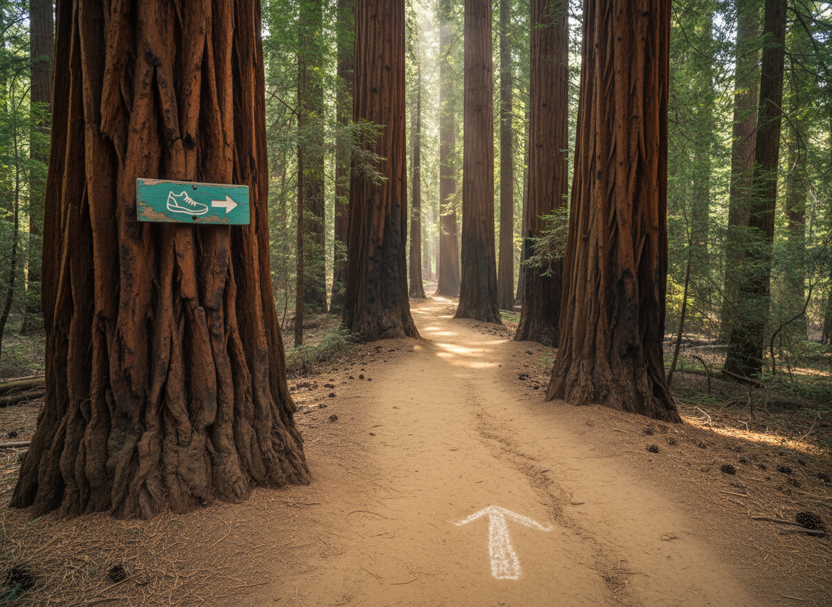 A dusty, winding singletrack trail snakes through a grove of massive California redwoods, their bark rich with texture and deep reddish-brown tones. A vibrant teal trail sign bearing a simple running shoe icon and an arrow is mounted to one of the trees, its paint slightly chipped from years of use. Dappled midday sunlight filters through the towering canopy, casting shifting patterns of light and shadow across the compacted earth and scattered pine needles. A faint, playful chalk arrow is visible on the ground, hinting at an informal local route. Photographic realism, shot from a slightly elevated angle, uses leading lines to draw the eye along the trail and upward into the towering trees. The atmosphere is serene, adventurous, and quietly joyful.